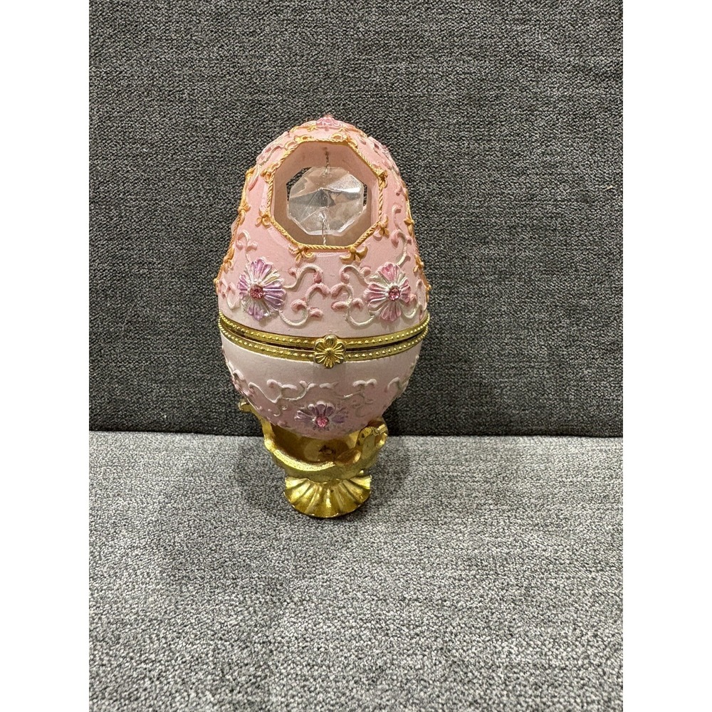 Jewelry Box Trinket Pink Gold Tone Band  Pedestal  Hanging Fake Crystals 5"